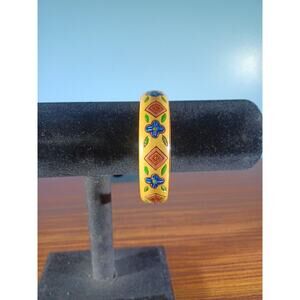 Vtg. Boho Hand Painted Wood Bangle Bracelet Floral/Geometric-Blue, Pink, Green